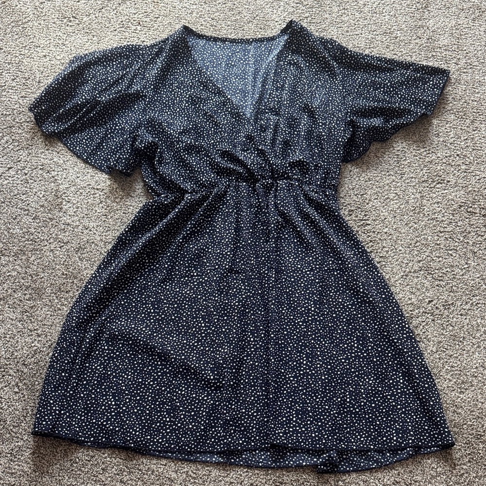 Navy Polka Dot V-Neck Mini Dress with flutter sleeves